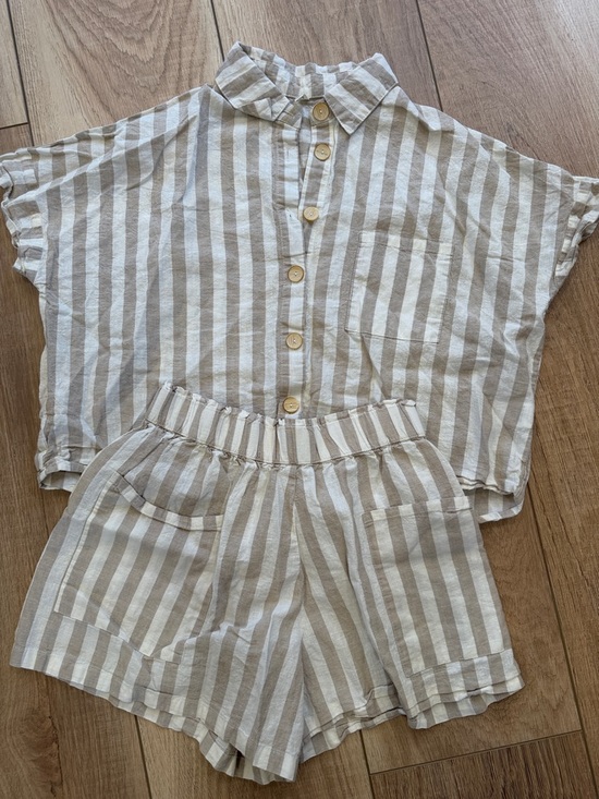 Rylee + Cru Tops - Rylee + Cru Beige and White Striped Button-Up Top and shorts set